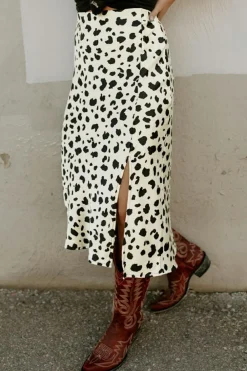 New Dear-Lover Leopard Spots Printed Split Hem Midi Skirt Beige