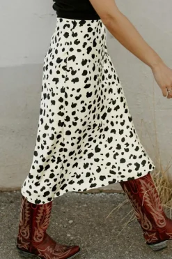 New Dear-Lover Leopard Spots Printed Split Hem Midi Skirt Beige
