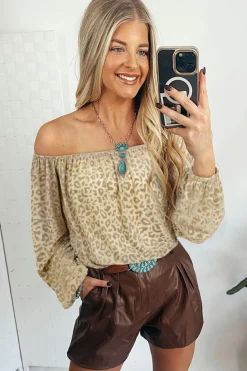 New Dear-Lover Leopard Velvet Burnout Off Shoulder Long Sleeve Blouse Beige