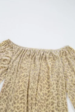 New Dear-Lover Leopard Velvet Burnout Off Shoulder Long Sleeve Blouse Beige