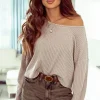 Hot Dear-Lover Lettuce Cuffs Drop Shoulder Loose Ribbed Knit Top Beige