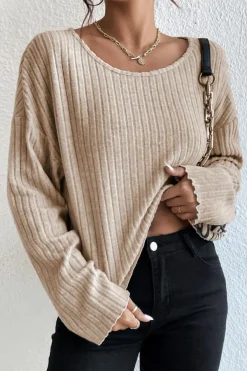 Hot Dear-Lover Lettuce Cuffs Drop Shoulder Loose Ribbed Knit Top Beige