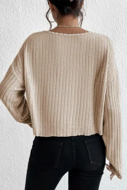 Hot Dear-Lover Lettuce Cuffs Drop Shoulder Loose Ribbed Knit Top Beige