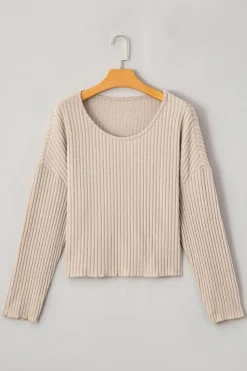 Hot Dear-Lover Lettuce Cuffs Drop Shoulder Loose Ribbed Knit Top Beige