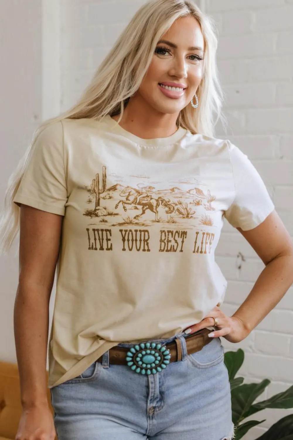 Clearance Dear-Lover LIVE YOUR BEST LIFE Crew Neck Western Graphic Tee Beige