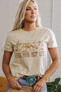 Clearance Dear-Lover LIVE YOUR BEST LIFE Crew Neck Western Graphic Tee Beige