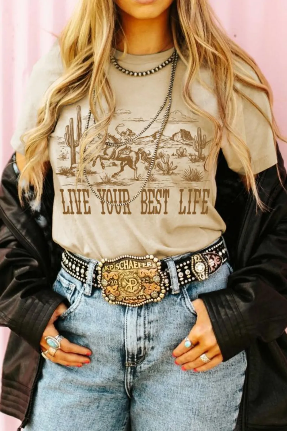 Clearance Dear-Lover LIVE YOUR BEST LIFE Crew Neck Western Graphic Tee Beige