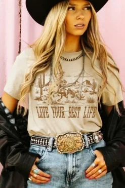 Clearance Dear-Lover LIVE YOUR BEST LIFE Crew Neck Western Graphic Tee Beige