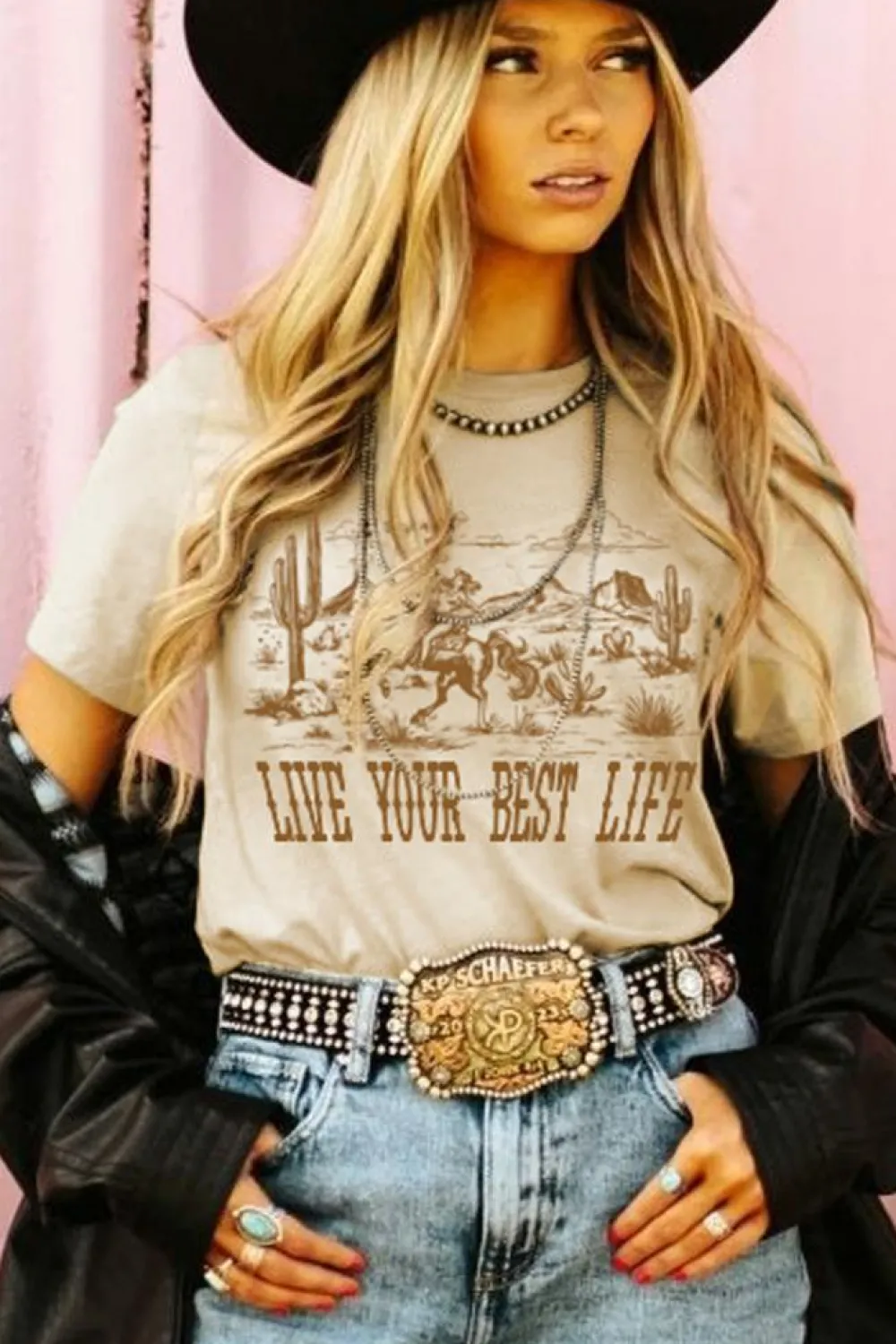 Clearance Dear-Lover LIVE YOUR BEST LIFE Crew Neck Western Graphic Tee Beige