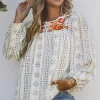 New Dear-Lover Long Sleeve Embroidered Print Blouse Beige