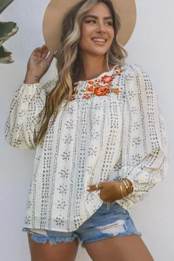 New Dear-Lover Long Sleeve Embroidered Print Blouse Beige