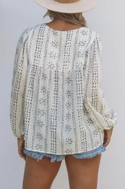 New Dear-Lover Long Sleeve Embroidered Print Blouse Beige