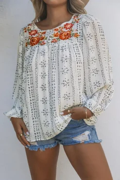 New Dear-Lover Long Sleeve Embroidered Print Blouse Beige