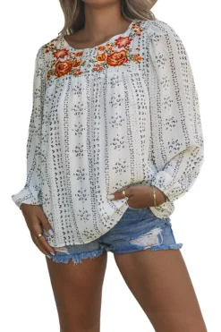 New Dear-Lover Long Sleeve Embroidered Print Blouse Beige
