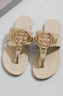 Online Dear-Lover Metal Decor Leather Thong Slippers Beige