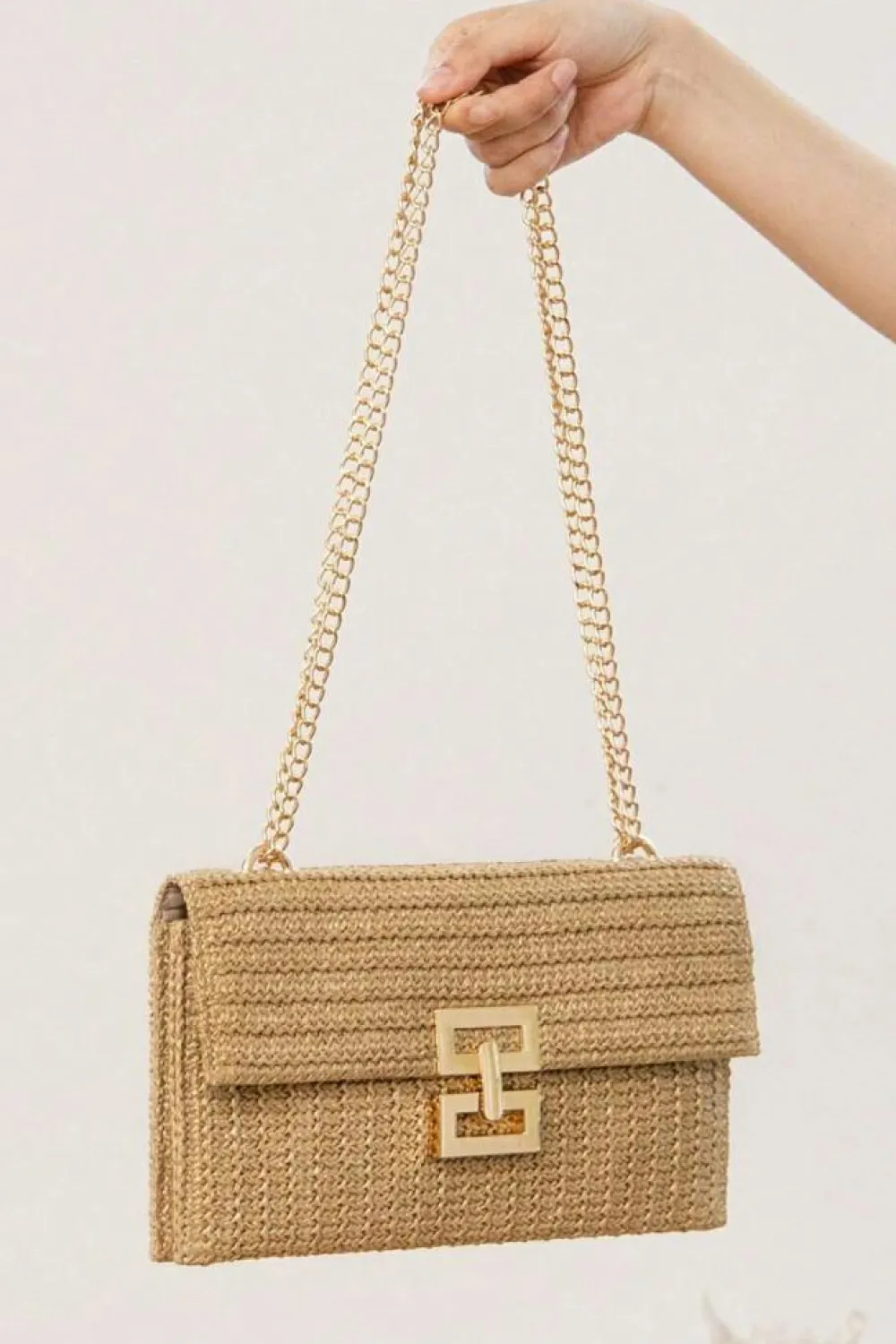 Fashion Dear-Lover Minimalist Braided Flap Chain Strap Shoulder Bag Beige
