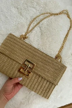 Fashion Dear-Lover Minimalist Braided Flap Chain Strap Shoulder Bag Beige