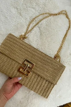 Fashion Dear-Lover Minimalist Braided Flap Chain Strap Shoulder Bag Beige