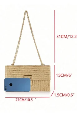 Fashion Dear-Lover Minimalist Braided Flap Chain Strap Shoulder Bag Beige