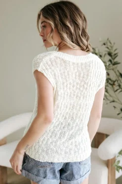 Fashion Dear-Lover Notched V Neck Short Sleeve Sweater Beige