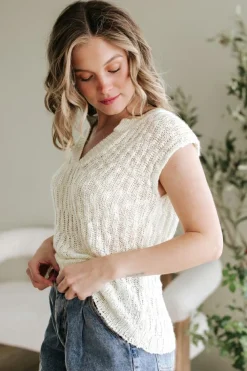 Fashion Dear-Lover Notched V Neck Short Sleeve Sweater Beige