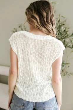 Fashion Dear-Lover Notched V Neck Short Sleeve Sweater Beige