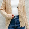 Sale Dear-Lover Open Knit Drop Shoulder Sweater Cardigan Beige