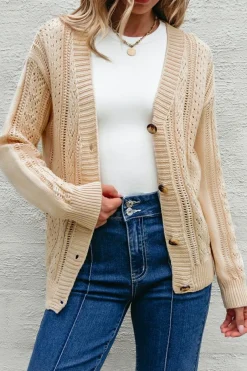 Sale Dear-Lover Open Knit Drop Shoulder Sweater Cardigan Beige