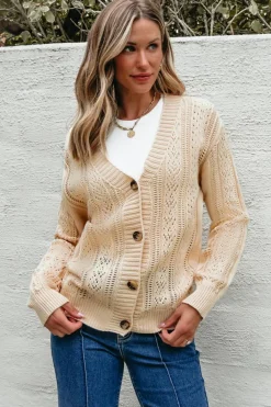 Sale Dear-Lover Open Knit Drop Shoulder Sweater Cardigan Beige