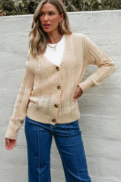 Sale Dear-Lover Open Knit Drop Shoulder Sweater Cardigan Beige