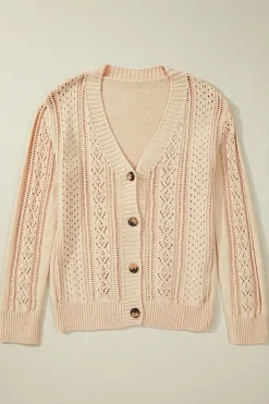 Sale Dear-Lover Open Knit Drop Shoulder Sweater Cardigan Beige