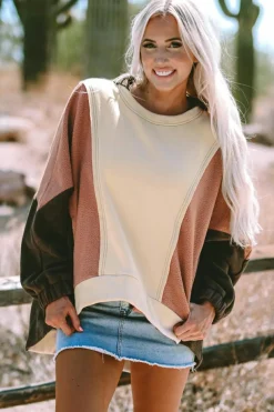 Clearance Dear-Lover Oversized Color Block Patchwork High Low Hoodie Beige