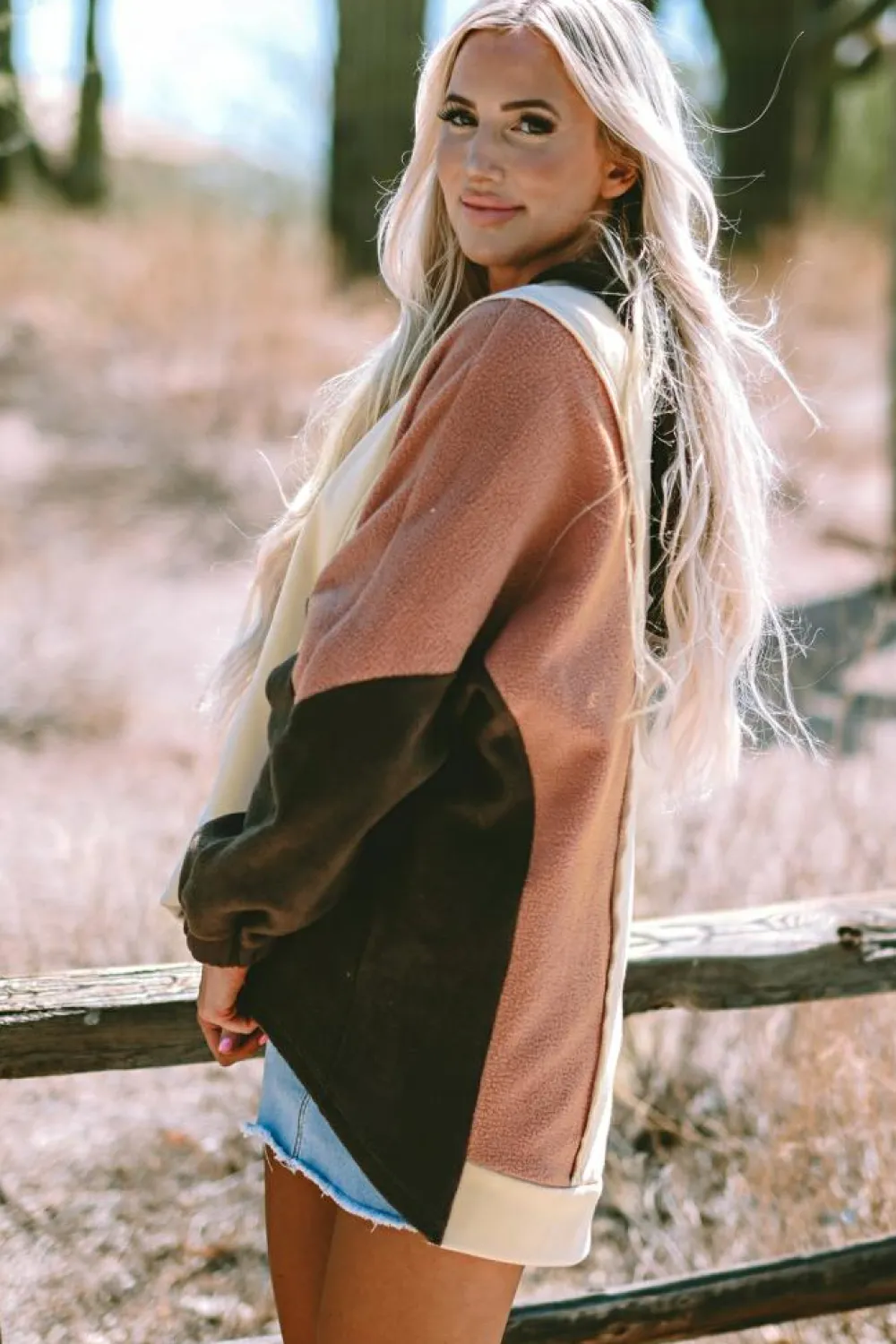 Clearance Dear-Lover Oversized Color Block Patchwork High Low Hoodie Beige