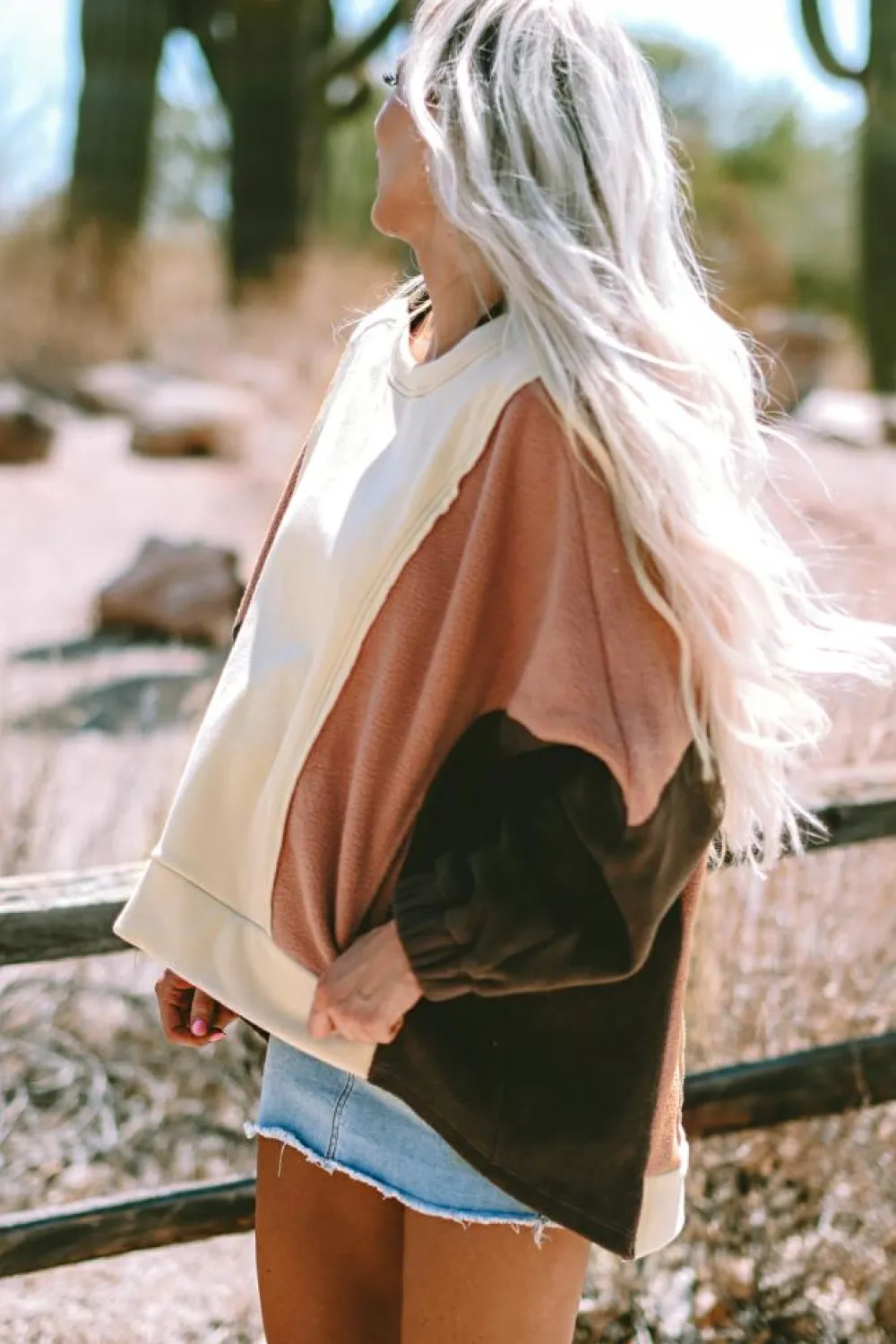 Clearance Dear-Lover Oversized Color Block Patchwork High Low Hoodie Beige