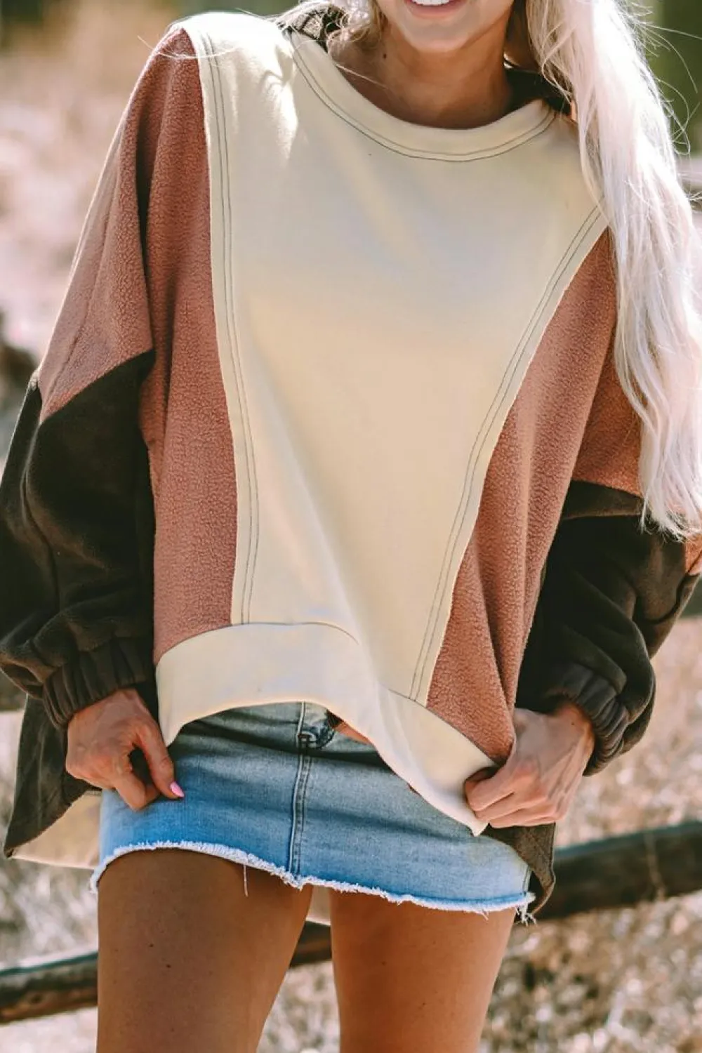 Clearance Dear-Lover Oversized Color Block Patchwork High Low Hoodie Beige
