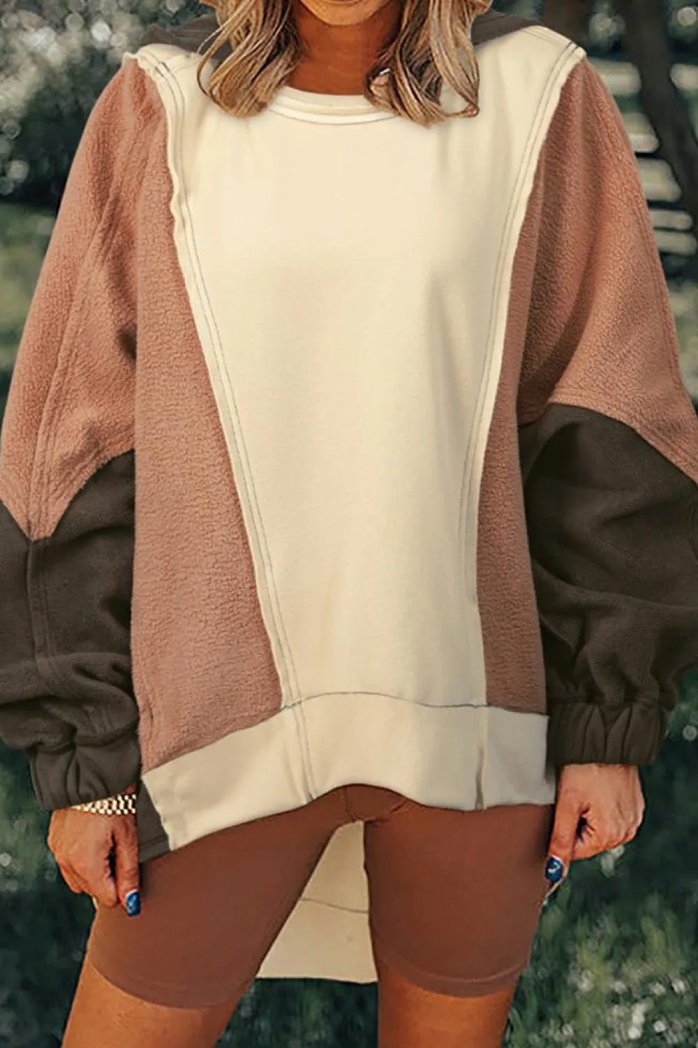 Clearance Dear-Lover Oversized Color Block Patchwork High Low Hoodie Beige