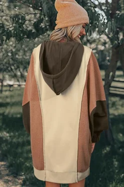 Clearance Dear-Lover Oversized Color Block Patchwork High Low Hoodie Beige