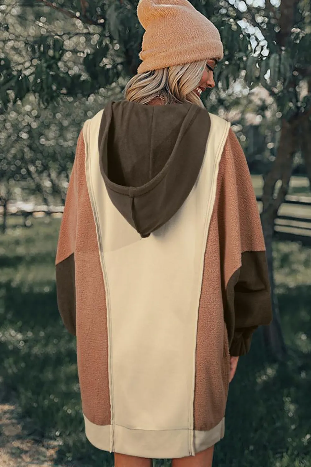 Clearance Dear-Lover Oversized Color Block Patchwork High Low Hoodie Beige