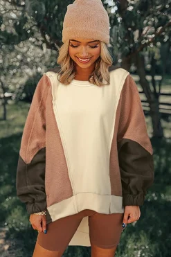 Clearance Dear-Lover Oversized Color Block Patchwork High Low Hoodie Beige