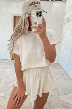 Online Dear-Lover 2pcs Cropped Tee and Ruffle High Waist Skort Set Beige