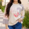New Dear-Lover Plaid Floral Peace Heart Graphic Wide Long Sleeve Top Beige