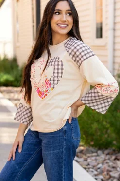 New Dear-Lover Plaid Floral Peace Heart Graphic Wide Long Sleeve Top Beige