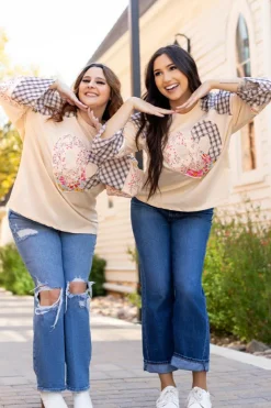 New Dear-Lover Plaid Floral Peace Heart Graphic Wide Long Sleeve Top Beige