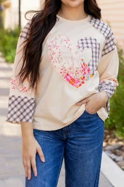 New Dear-Lover Plaid Floral Peace Heart Graphic Wide Long Sleeve Top Beige