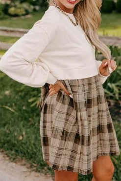 Clearance Dear-Lover Plaid Patchwork High Waist Sweatshirt Mini Dress Beige