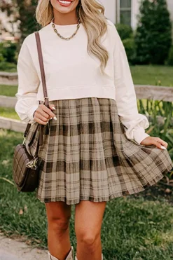 Clearance Dear-Lover Plaid Patchwork High Waist Sweatshirt Mini Dress Beige