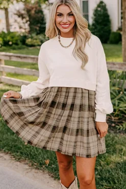 Clearance Dear-Lover Plaid Patchwork High Waist Sweatshirt Mini Dress Beige