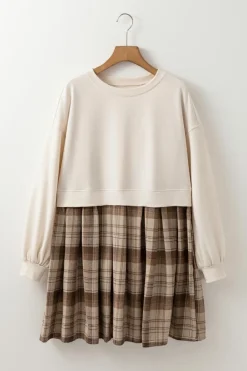 Clearance Dear-Lover Plaid Patchwork High Waist Sweatshirt Mini Dress Beige