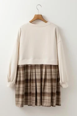 Clearance Dear-Lover Plaid Patchwork High Waist Sweatshirt Mini Dress Beige