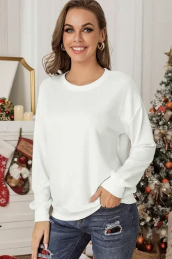 Best Dear-Lover Plain Crew Neck Pullover Sweatshirt Beige